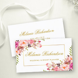 Tarjeta De Visita Elegante acuarela Floral rosa y marco dorado