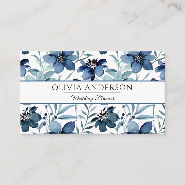 Tarjeta De Visita Elegante acuarela Marina Azul Floral Patrón modern (Anverso)