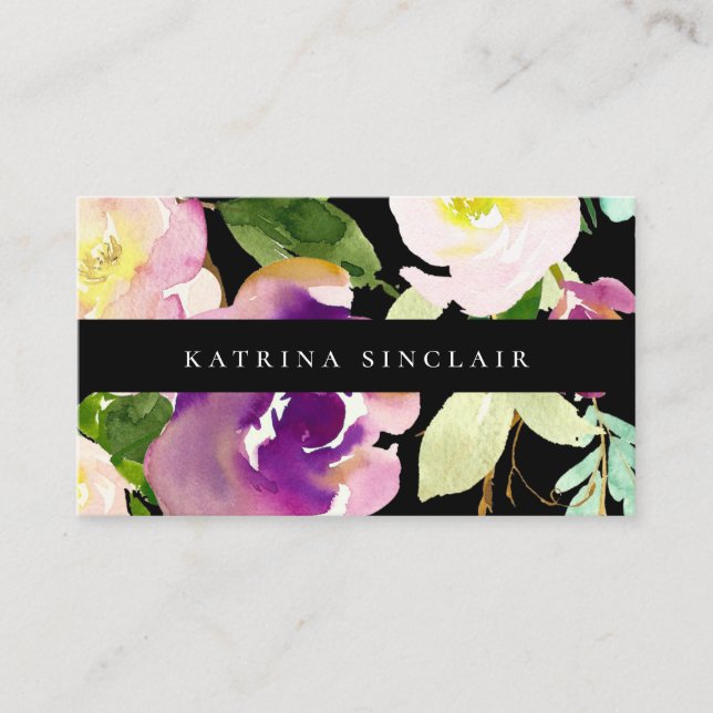 Tarjeta De Visita Elegante acuarela moderna Floral negro (Anverso)