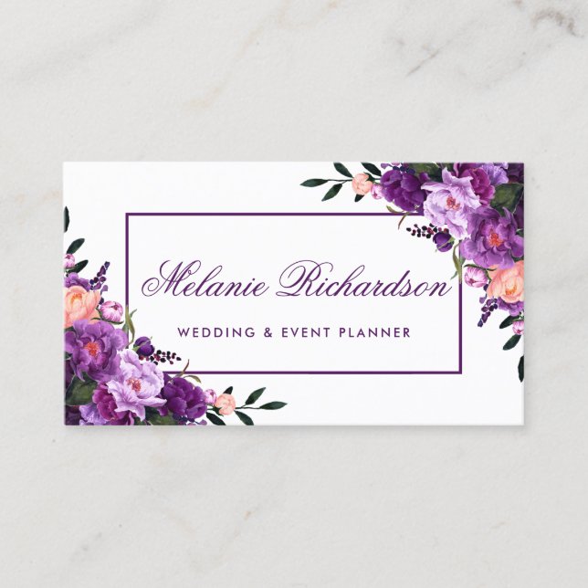 Tarjeta De Visita Elegante acuarela morado floral ultravioleta (Anverso)