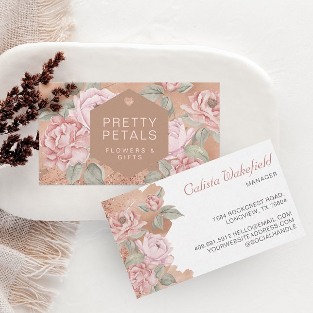 Tarjeta De Visita Elegante acuarela Purpurina Botánico Rosa Peony (Subido por el creador)