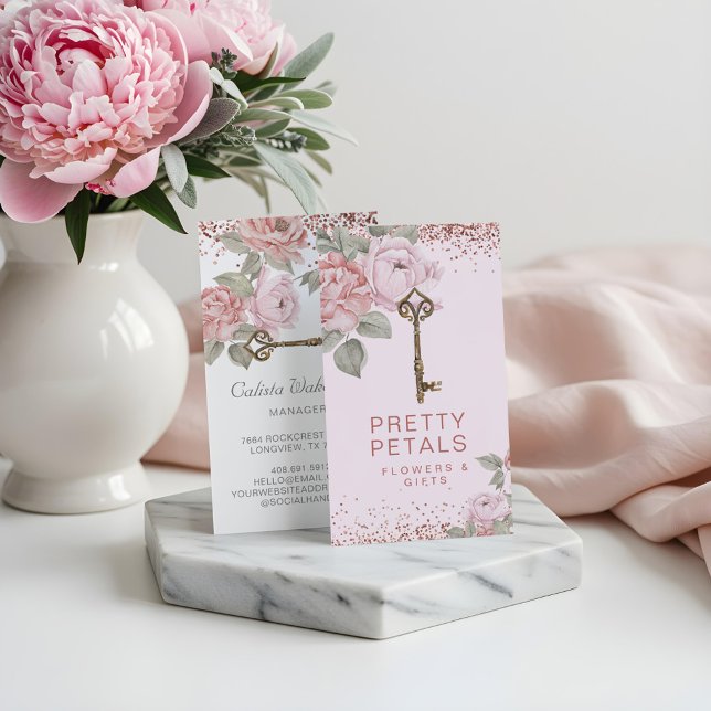 Tarjeta De Visita Elegante acuarela Purpurina Botánico Rosa Peony (Elegant Watercolor Pink Botanical Peony Glitter Business Card)