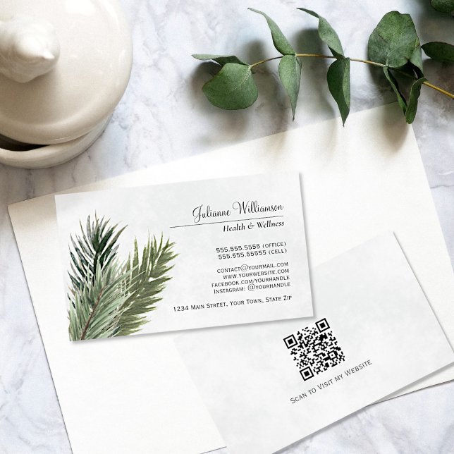 Tarjeta De Visita Elegante acuarela ramas de pino código QR (Subido por el creador)