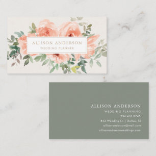 Tarjeta De Visita Elegante acuarela rosa floral y verde