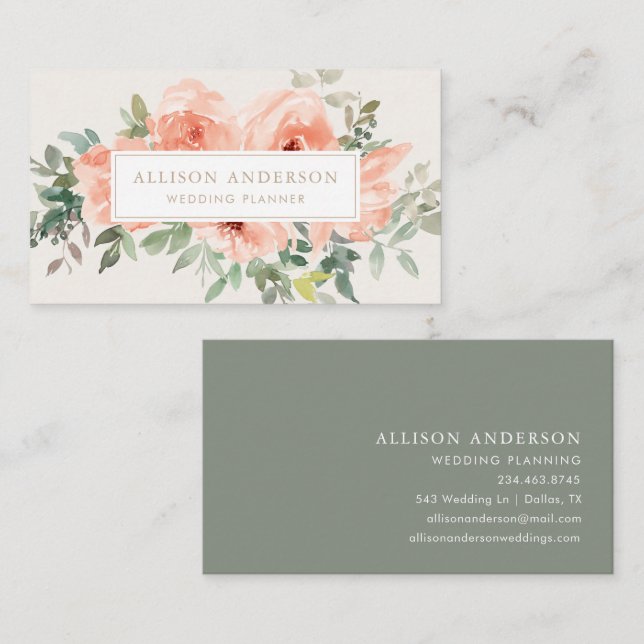 Tarjeta De Visita Elegante acuarela rosa floral y verde (Anverso / Reverso)