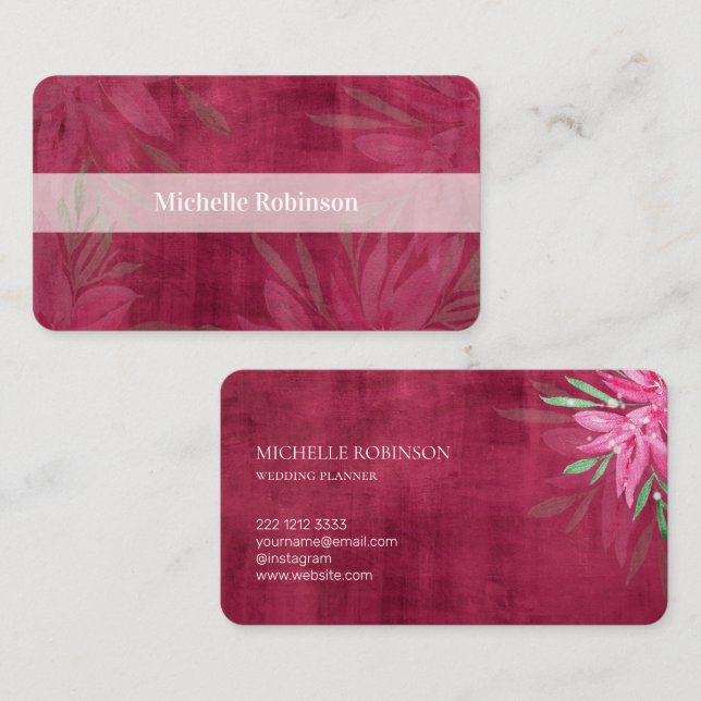 Tarjeta De Visita Elegante acuarela Terciopelo Viva Magenta Floral (Anverso / Reverso)