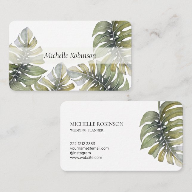 Tarjeta De Visita Elegante acuarela Tropical Monstera Profesional (Anverso / Reverso)