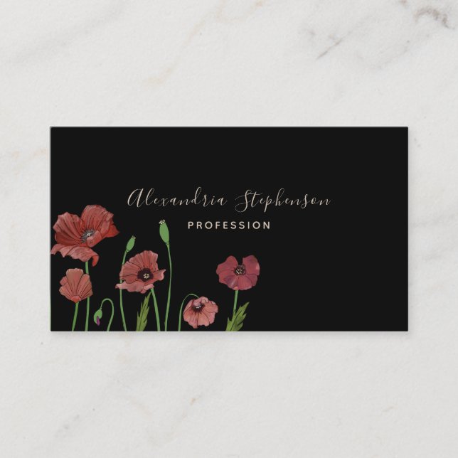 Tarjeta De Visita Elegante adormidera roja floral sobre negro (Anverso)