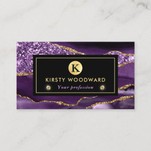 Tarjeta De Visita Elegante Ágata de Oceano Brillante de Morado y Dor