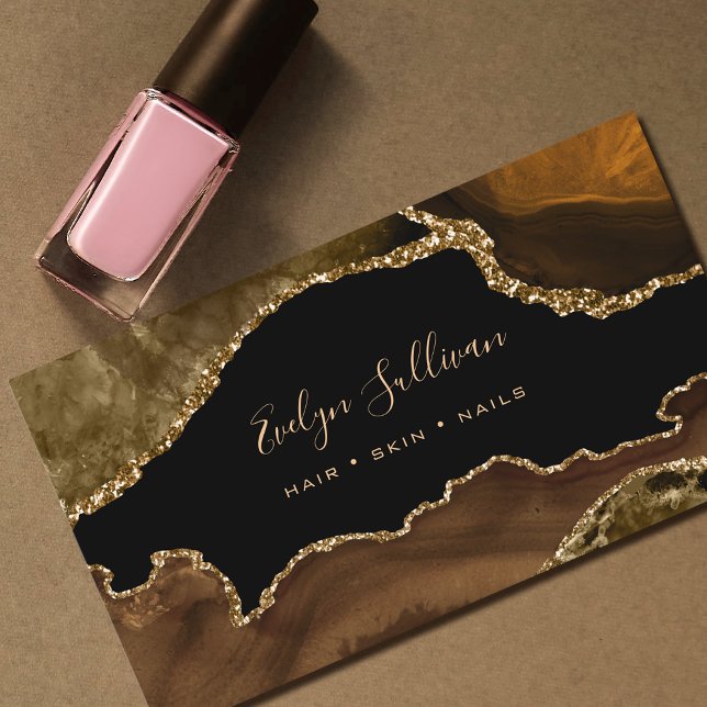 Tarjeta De Visita elegante agata marrón acuarela sobre negro (Subido por el creador)