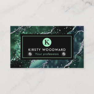 Tarjeta De Visita Elegante ágata verde oscuro y brillo plateado