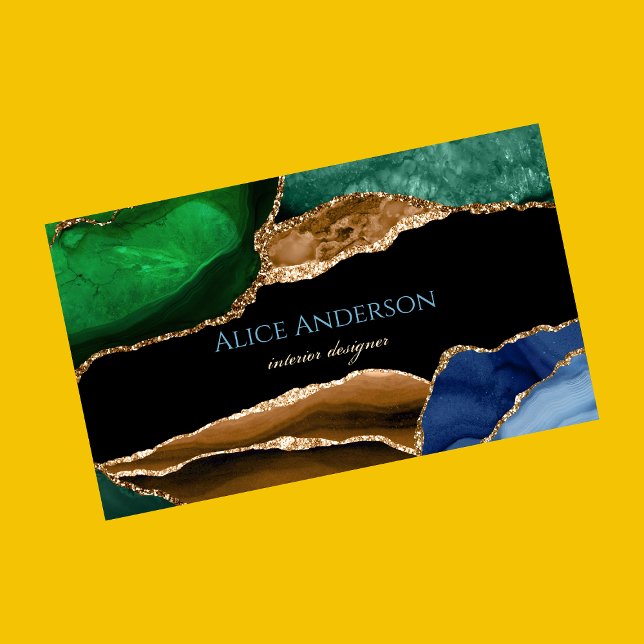 Tarjeta De Visita Elegante Agate Gold Blue Green Designer (Subido por el creador)