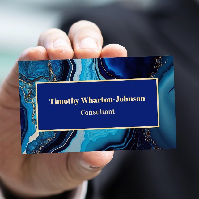 Tarjeta De Visita Elegante Agate Marble Dark Blue Gold Swirl (Subido por el creador)