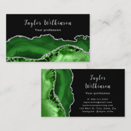 Tarjeta De Visita Elegante Agate Plata y Verde Oscuro
