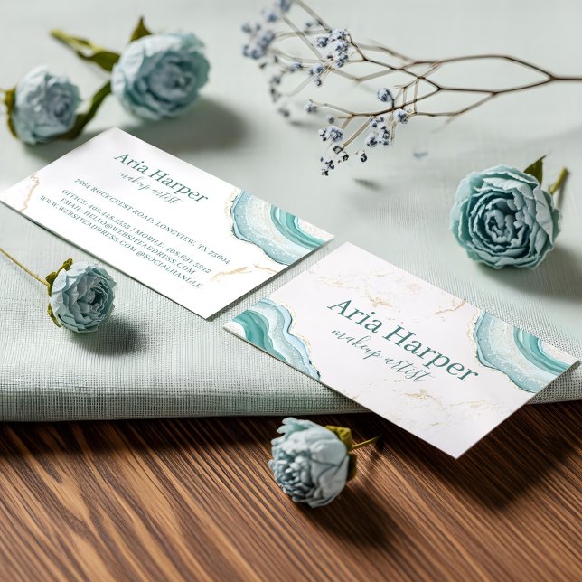 Tarjeta De Visita Elegante Agate Purpurina de oro verde verde de la  (Elegant Mint Green Geode Gold Glitter Agate Business Card)