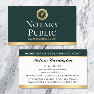 Tarjeta De Visita Elegante Agente de Firma de Préstamo Notarial Oro