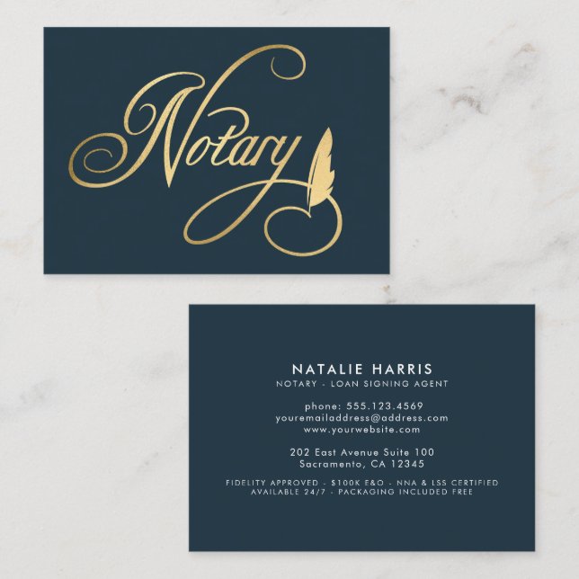 Tarjeta De Visita Elegante Agente de préstamos notariales de oro y m (Anverso / Reverso)