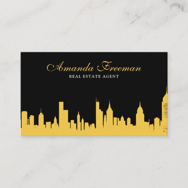 Tarjeta De Visita Elegante agente inmobiliario Black & Gold Skyline (Anverso)