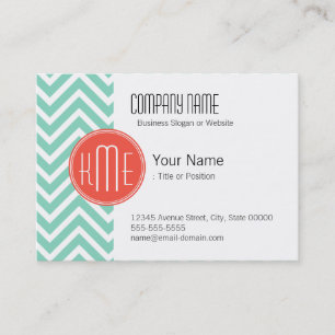 Tarjeta De Visita Elegante Aqua Green Chevron y Monograma Naranja