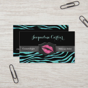 Tarjeta De Visita Elegante Aqua Zebra Purpurina Kiss Cosmetólogo