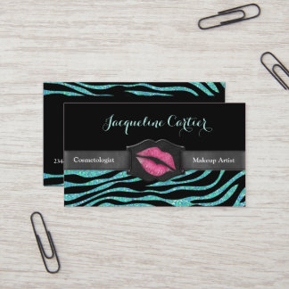 Tarjeta De Visita Elegante Aqua Zebra Purpurina Kiss Cosmetólogo