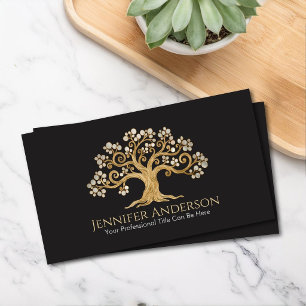 Tarjeta De Visita Elegante árbol dorado con hojas de perla