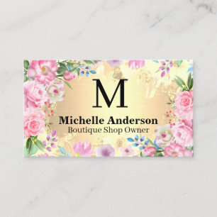 Tarjeta De Visita Elegante Arreglo Floral   Metálico de oro