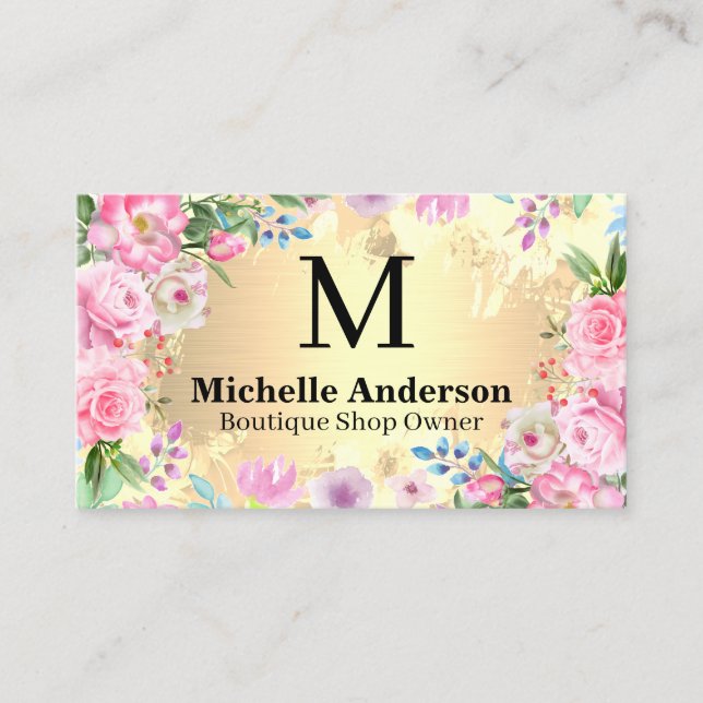 Tarjeta De Visita Elegante Arreglo Floral | Metálico de oro (Anverso)