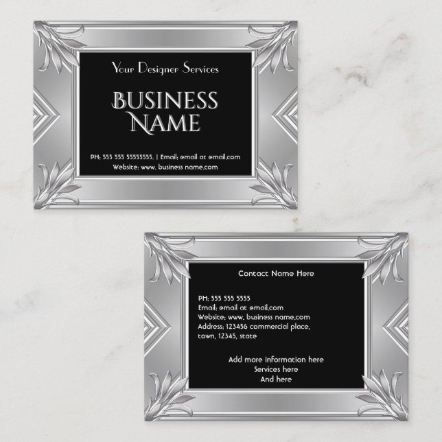 Tarjeta De Visita Elegante Art Deco Negro Faux Plateado Cromado (Anverso / Reverso)