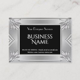 Tarjeta De Visita Elegante Art Deco Negro Faux Plateado Cromado