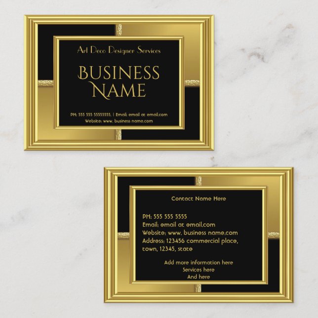 Tarjeta De Visita Elegante Art Deco Oro Negro Geométrico Metalizado (Anverso / Reverso)