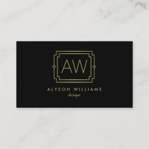 Tarjeta De Visita Elegante Art Deco Profesional Monograma Negro/Oro
