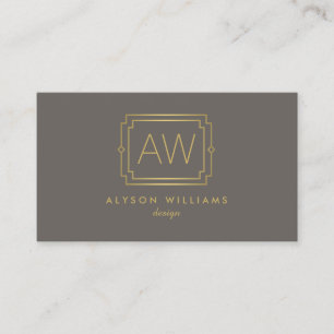 Tarjeta De Visita Elegante Art Deco Profesional Monograma Taupe/Oro