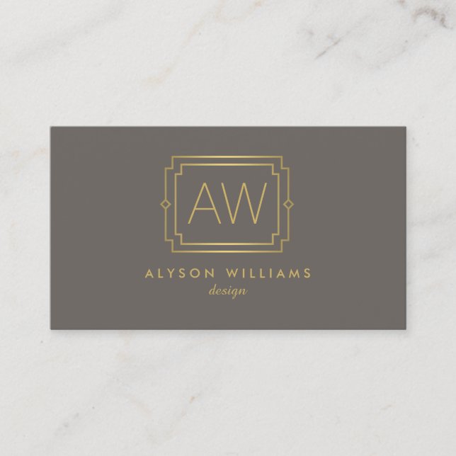 Tarjeta De Visita Elegante Art Deco Profesional Monograma Taupe/Oro (Anverso)