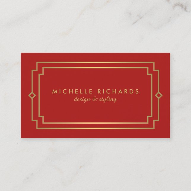 Tarjeta De Visita Elegante Art Deco Profesional Rojo/Oro (Anverso)