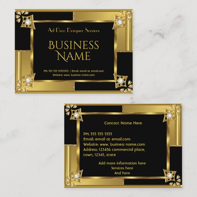 Tarjeta De Visita Elegante Art Deco Retro Oro Negro Metalizado (Anverso / Reverso)