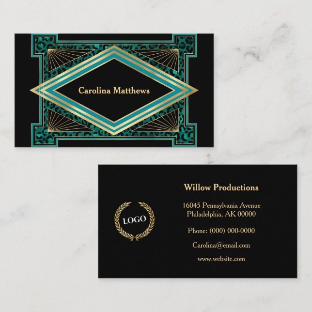 Tarjeta De Visita Elegante Art Deco Verde azulado de Oro (Anverso / Reverso)