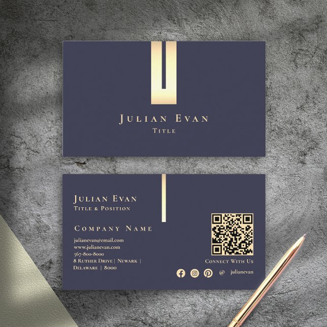 Tarjeta De Visita Elegante arte de detalles marina azul y oro (Artistic Elegant Detail Navy Blue and Gold Business Card)