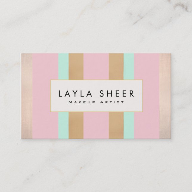 Tarjeta De Visita Elegante artista de maquillaje de rayas rosadas y  (Anverso)
