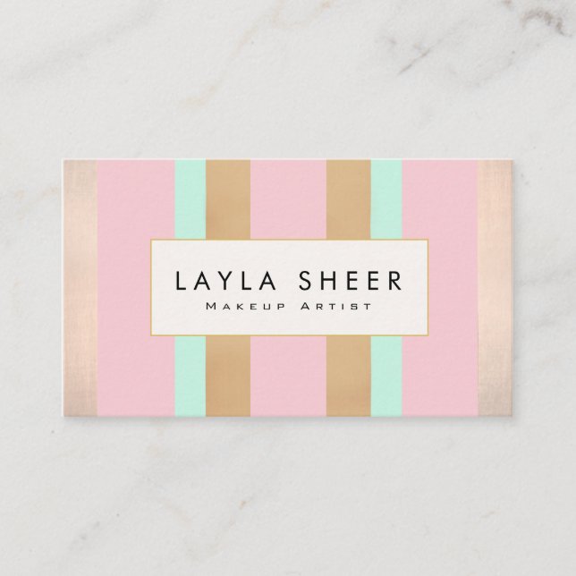 Tarjeta De Visita Elegante artista de maquillaje de rayas rosadas y  (Anverso)