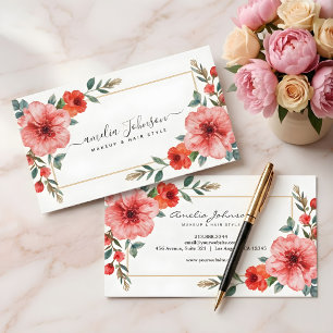 Tarjeta De Visita Elegante Artista de Maquillaje Floral Acuarela Dor