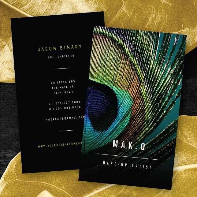 Tarjeta De Visita Elegante artista de maquillaje fotográfico de la p (Stylish Chic Peacock Feather Photo Elegant Make-up Artist Business Card @ zazzle.com/color_therapy)