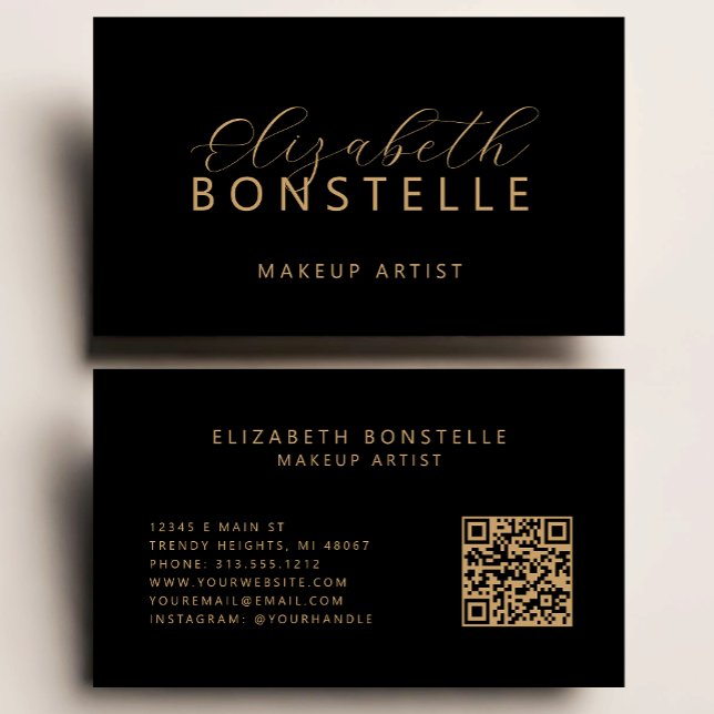 Tarjeta De Visita Elegante artista de maquillaje QR Código Oro Negro (Subido por el creador)