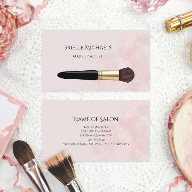 Tarjeta De Visita Elegante artista de maquillaje Rubor Pincel de cos (Elegant Makeup Artist Blush Pink Cosmetics Brush Business Cards)