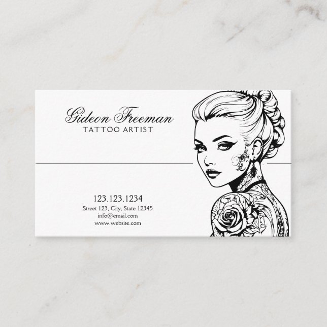 Tarjeta De Visita Elegante artista de tatuajes de tonos blancos y ne (Anverso)