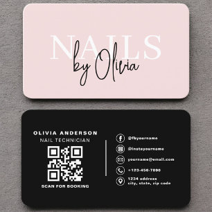 Tarjeta De Visita Elegante artista de uñas negro Rubor código QR ros