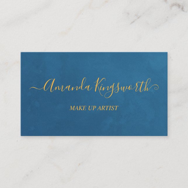 Tarjeta De Visita Elegante azul con profesional del guión dorado (Anverso)