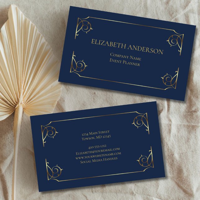Tarjeta De Visita Elegante Azul Dorado Scroll Minimal  (Blue Gold Scroll Minimal Professional Elegant Front Back Business Card)