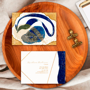 Tarjeta De Visita Elegante azul marino dorado brillo acuarela única
