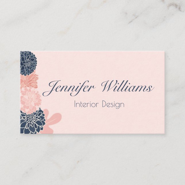 Tarjeta De Visita Elegante azul marino femenino y floral rosa rosa (Anverso)